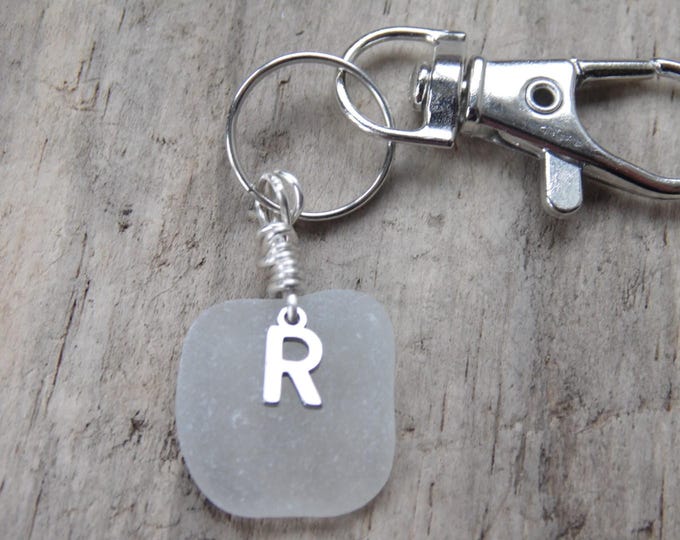 Initial 'R' White Cornish Sea Glass ~ Bag Charm ~ Key Ring