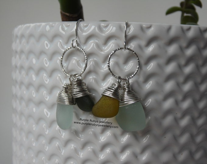 Seafoam & Dainty Mismatched Greens Cornish Sea Glass on Diamond Cut Rings Earrings