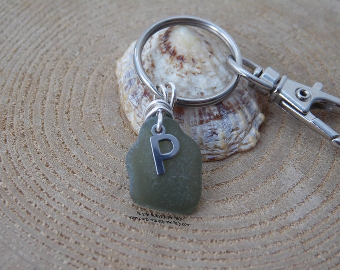 Initial 'P' Green Cornish Sea Glass ~ Bag Charm ~ Key Ring