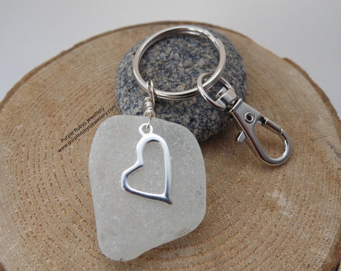 Chunky White Sea Glass with Heart Charm ~ Bag Charm ~ Key Ring