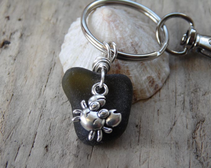 Olive Green Cornish Sea Glass with Crab Charm Key Ring ~ Bag Charm