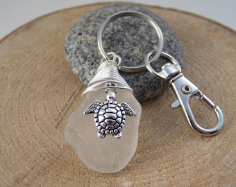 White Sea Glass with Turtle Charm ~ Bag Charm ~ Key Ring