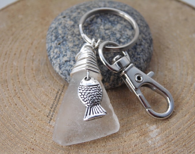 White Sea Glass with Fish Charm ~ Bag Charm ~ Key Ring