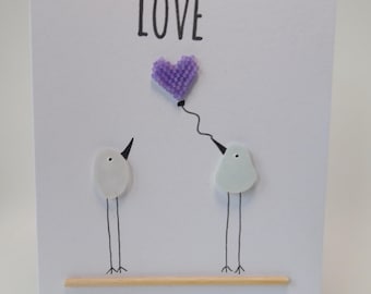 Sea Glass Birds Lilac Heart Love Valentines Wedding Engagement Card