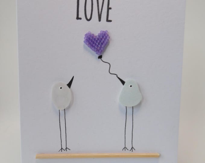 Sea Glass Birds Lilac Heart Love Valentines Wedding Engagement Card