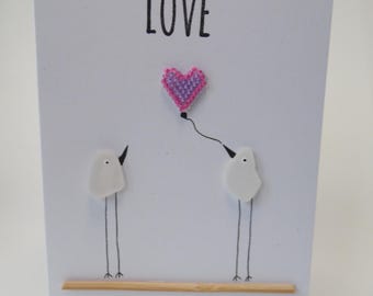 Sea Glass Birds Lilac Pink Heart Love Valentines Wedding Engagement Card