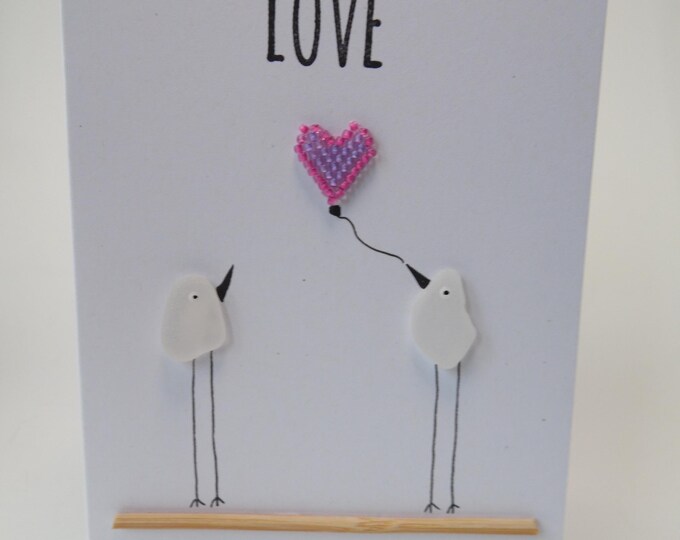 Sea Glass Birds Lilac Pink Heart Love Valentines Wedding Engagement Card
