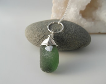 Deep Green Cornish Sea Glass Necklace with Heart Charm and Diamond Cut Ring