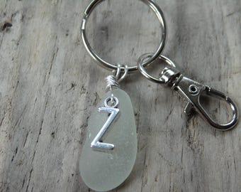 Initial 'Z' White Cornish Sea Glass ~ Bag Charm ~ Key Ring