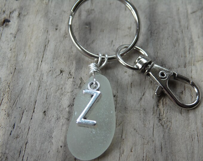 Initial 'Z' White Cornish Sea Glass ~ Bag Charm ~ Key Ring