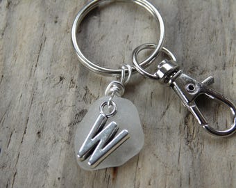 Initial 'W' White Cornish Sea Glass ~ Bag Charm ~ Key Ring