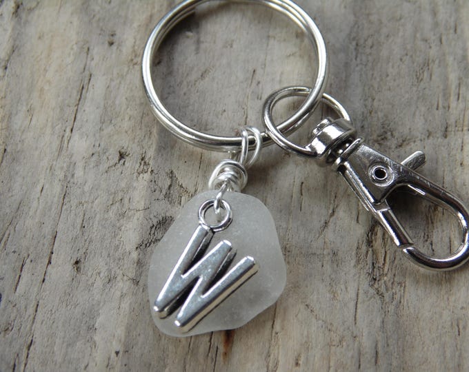 Initial 'W' White Cornish Sea Glass ~ Bag Charm ~ Key Ring
