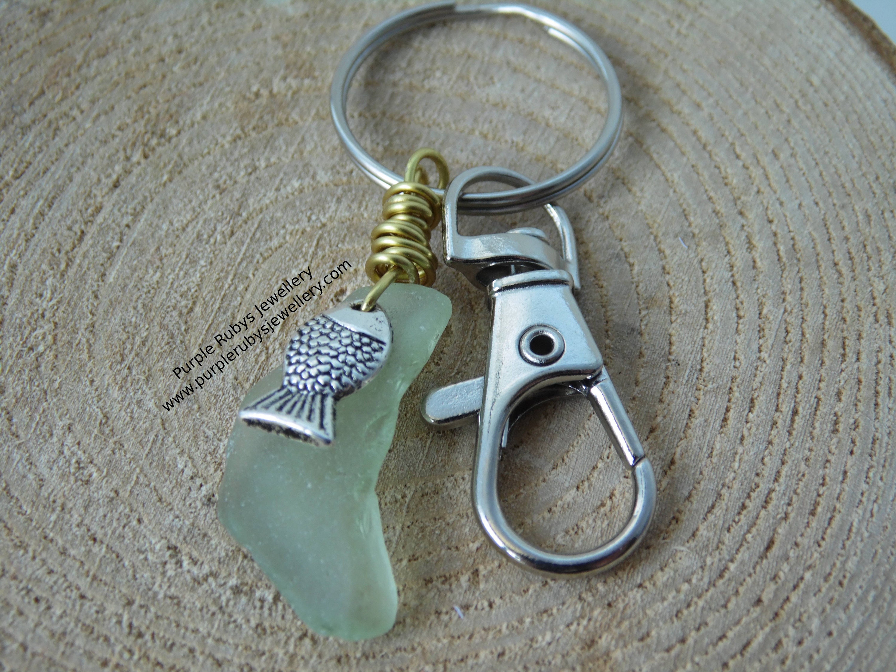 Light Green Sea Glass with Fish Charm ~ Bag Charm ~ Key Ring