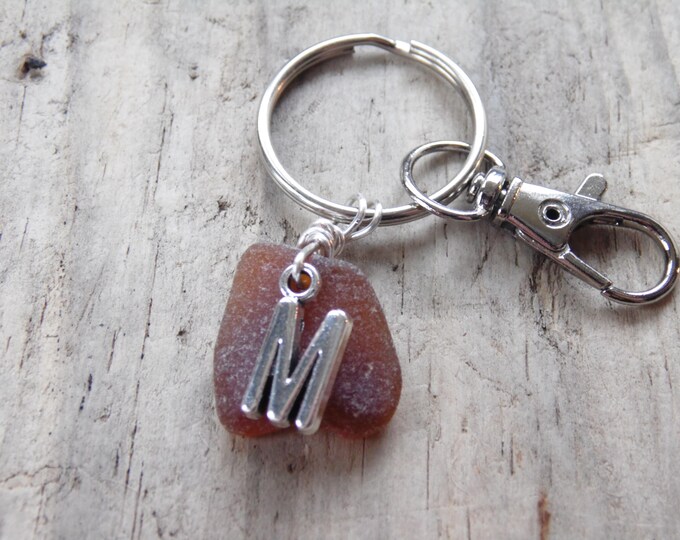 Initial 'M' Amber Cornish Sea Glass ~ Bag Charm ~ Key Ring