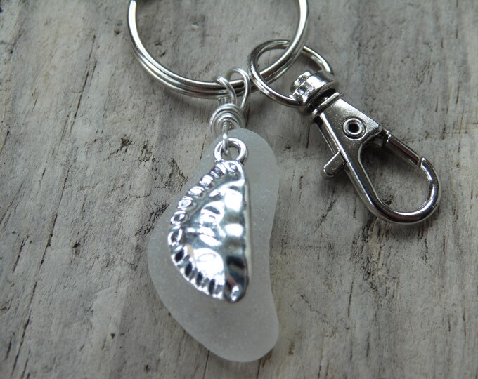 White Cornish Sea Glass with Pasty Charm Key Ring ~ Bag Charm