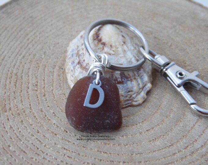 Initial 'D' Amber Cornish Sea Glass ~ Bag Charm ~ Key Ring