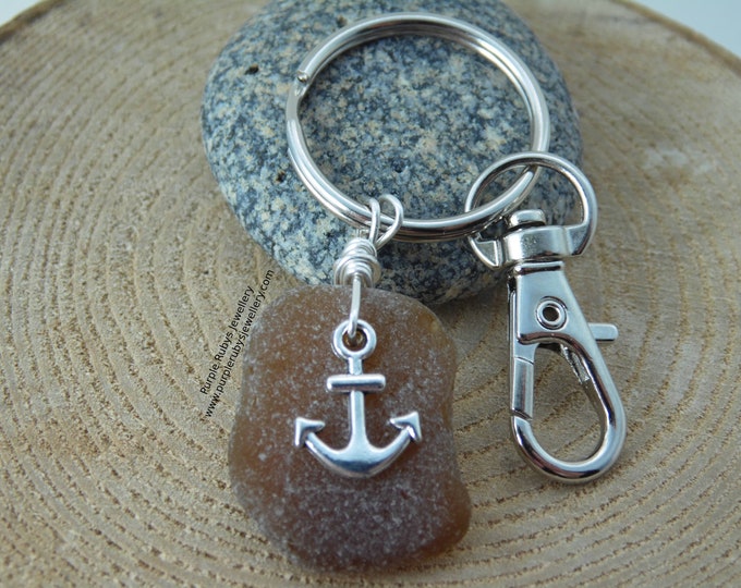 Amber Cornish Sea Glass with Anchor Charm ~ Bag Charm ~ Key Ring