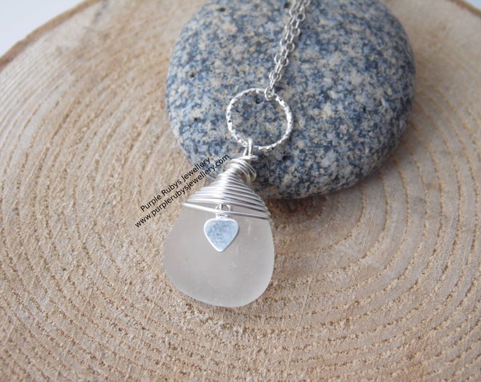 White Marazion Sea Glass Necklace with Heart Charm and Diamond Cut Ring