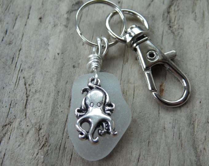 White Cornish Sea Glass with Octopus Charm Key Ring ~ Bag Charm
