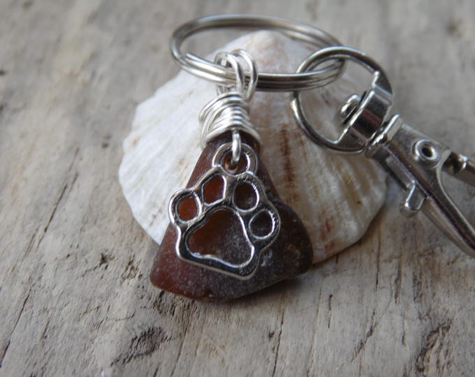 Amber Cornish Sea Glass with Paw Print Charm Key Ring ~ Bag Charm