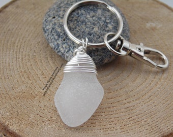 White Cornish Sea Glass ~ Bag Charm ~ Key Ring