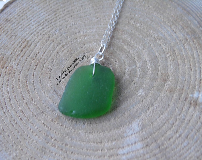 Bright Bottle Green Cornish Sea Glass Necklace