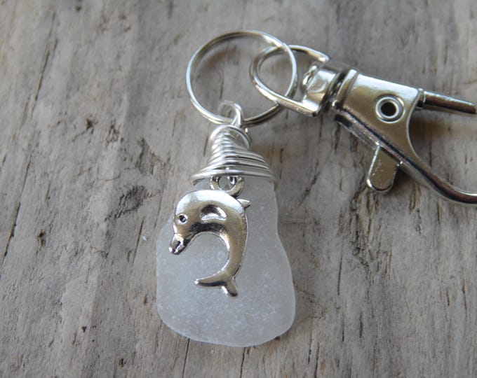 White Cornish Sea Glass with Dolphin Charm Key Ring ~ Bag Charm