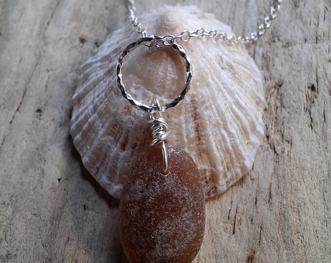 Frosted Amber Marazion Sea Glass on Diamond Cut Ring Necklace