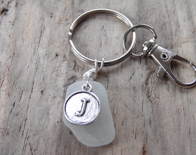 Initial 'J' White Cornish Sea Glass ~ Bag Charm ~ Key Ring