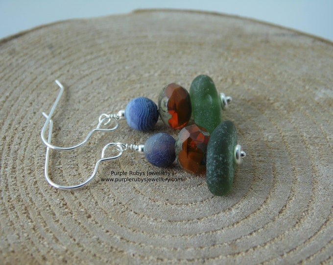 Marbled Purple, Earthy Orange & Olive Cornish Sea Glass Earrings