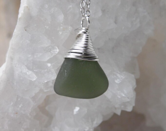 Dainty Deep Olive Green Marazion Sea Glass Necklace