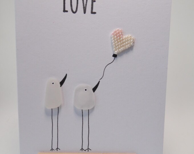 Sea Glass Birds White & Pink Heart Love Valentines Wedding Engagement Card