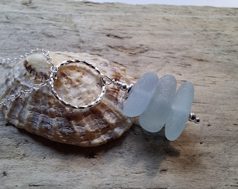 Cornflower Blues Marazion Sea Glass Stack on Diamond Cut Ring Necklace