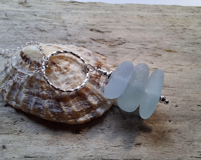 Cornflower Blues Marazion Sea Glass Stack on Diamond Cut Ring Necklace