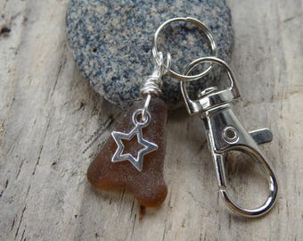 Light Amber Cornish Sea Glass with Star Charm ~ Bag Charm ~ Key Ring