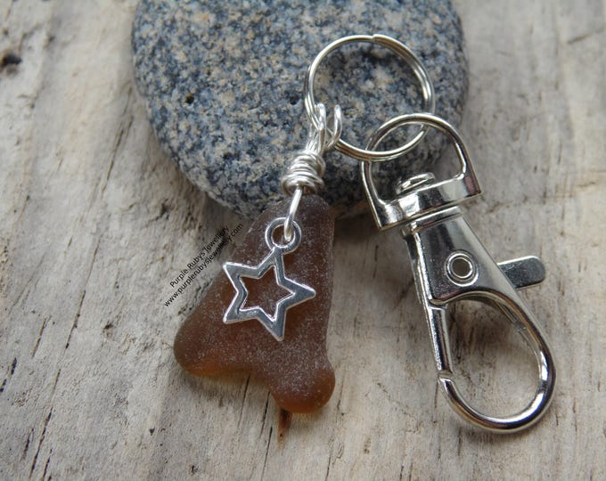 Light Amber Cornish Sea Glass with Star Charm ~ Bag Charm ~ Key Ring