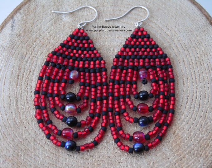 Red & Black Beaded Teardrop Earrings