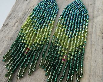 Peacock Green Swishy Boho Fringe Earrings