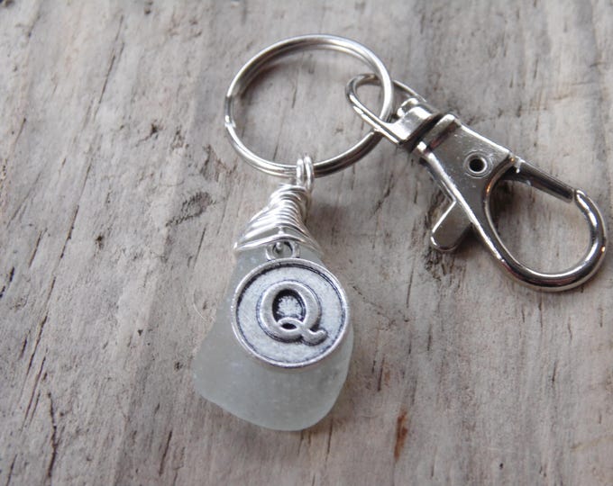Initial 'Q' White Cornish Sea Glass ~ Bag Charm ~ Key Ring