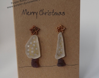 Sea Glass Snowy Christmas Trees with Gold & Silver Lights Christmas Card