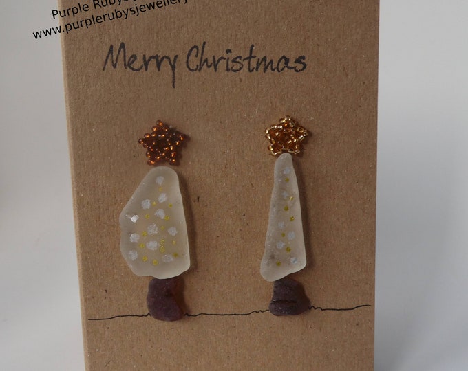 Sea Glass Snowy Christmas Trees with Gold & Silver Lights Christmas Card