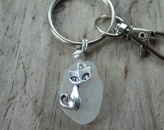 White Cornish Sea Glass with Cat Charm Key Ring ~ Bag Charm