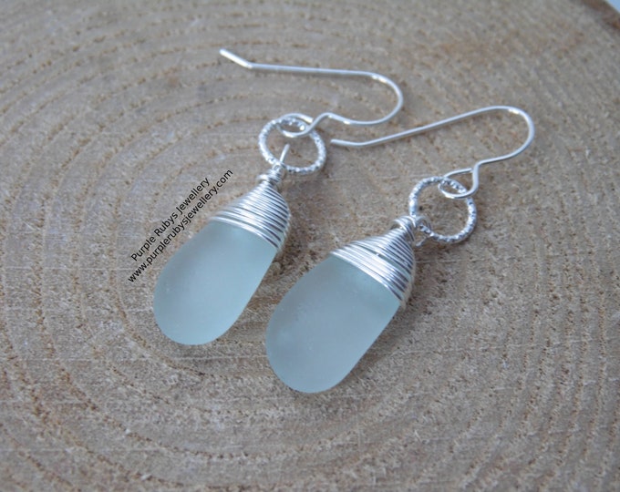 Marazion Dainty Seafoam Cornish Sea Glass Earrings on Diamond Cut Rings