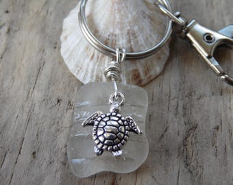 White Bottle Neck Ridged Cornish Sea Glass with Turtle Charm Key Ring ~ Bag Charm