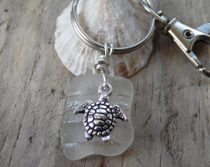White Bottle Neck Ridged Cornish Sea Glass with Turtle Charm Key Ring ~ Bag Charm