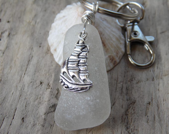 Chunky White Cornish Sea Glass with Sailing Boat Charm Key Ring ~ Bag Charm