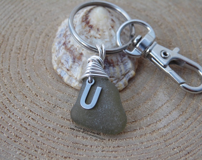 Initial 'U' Green Cornish Sea Glass ~ Bag Charm ~ Key Ring