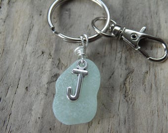 Initial 'J' Seafoam Cornish Sea Glass ~ Bag Charm ~ Key Ring