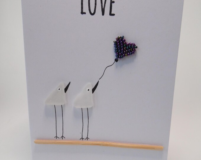 Sea Glass Birds Purple Metallic Heart Love Valentines Wedding Engagement Card