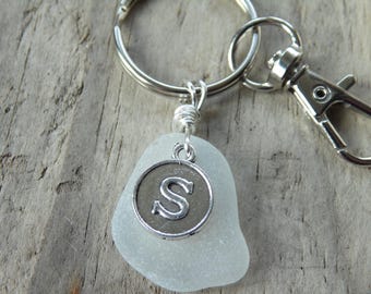 Initial 'S' White Cornish Sea Glass ~ Bag Charm ~ Key Ring